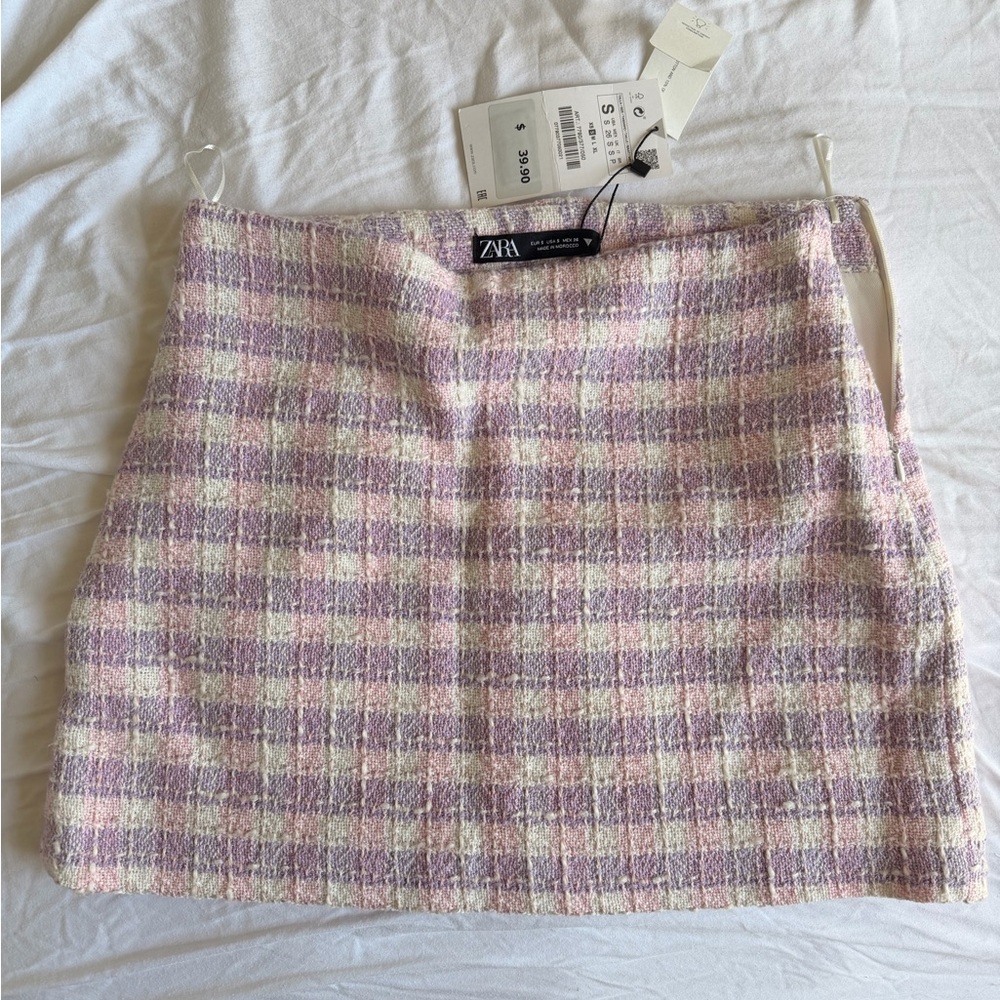 Zara Pastel Lavender & Cream Plaid Tweed Mini Skirt